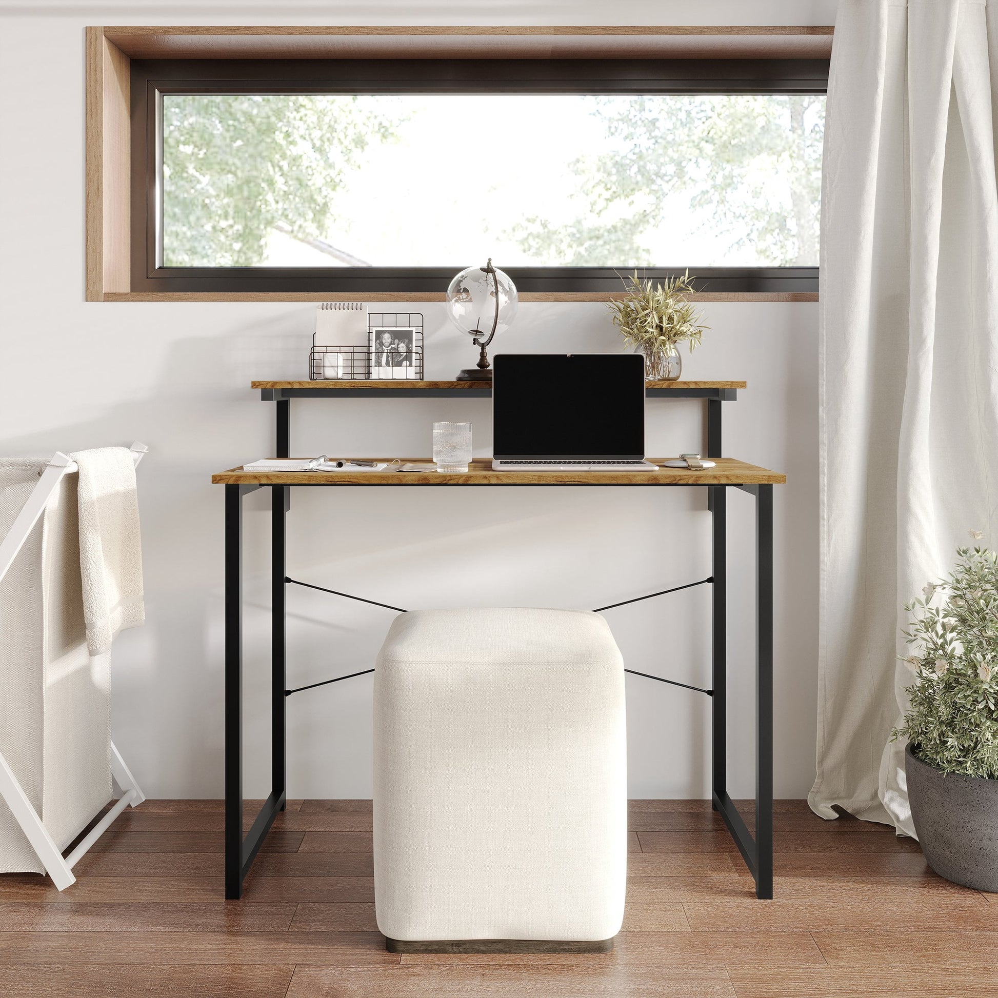 Castle Place Minimalist 39" Metal Computer Desk With Shelf, Light Oak