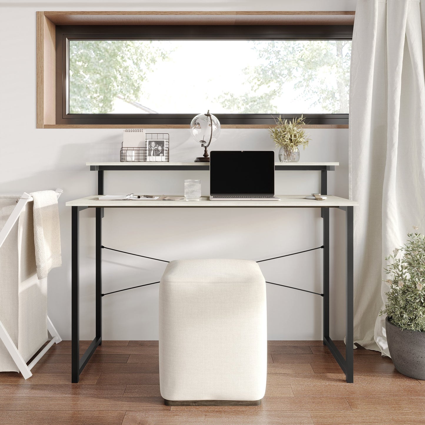 Castle Place Minimalist 47" Metal Computer Desk With Shelf, Light Oak