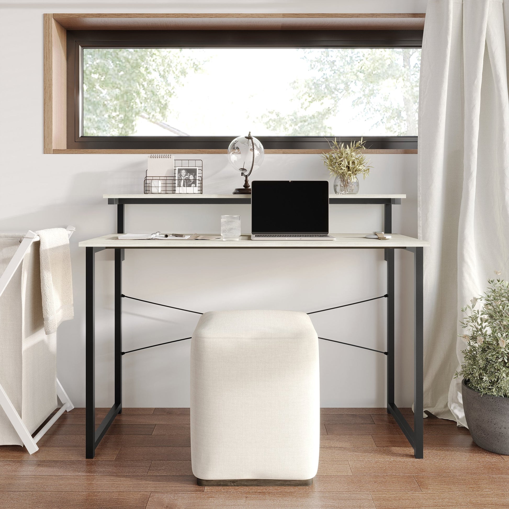 Castle Place Minimalist 47" Metal Computer Desk With Shelf, Light Oak
