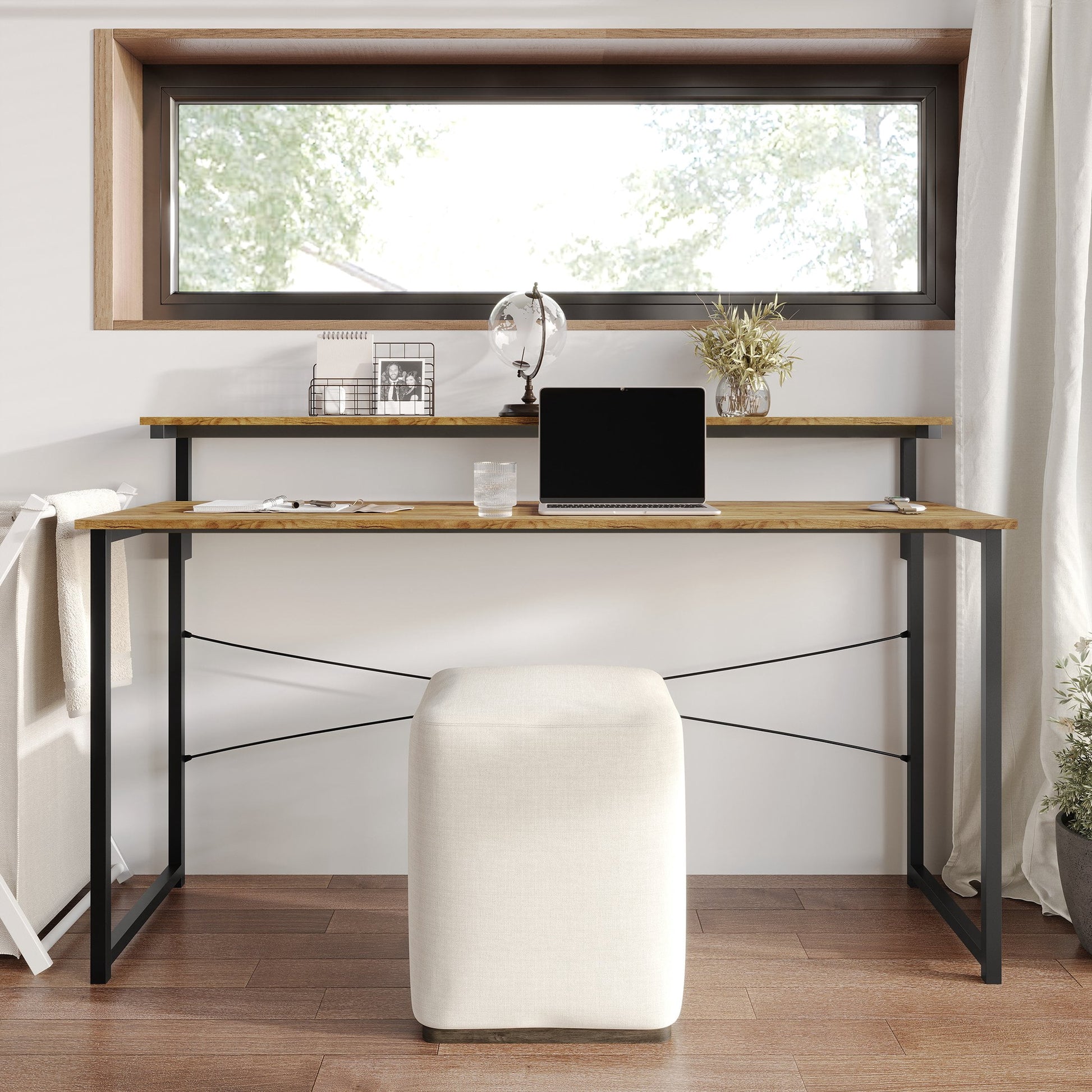 Castle Place Minimalist 55" Metal Computer Desk With Shelf, Light Oak