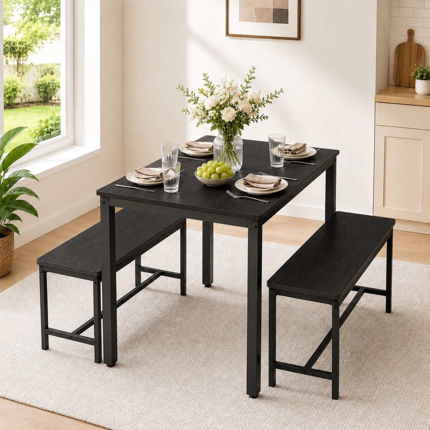DEALTOPS 3-Piece Industrial Dining Table Set with 2 Benches â€“ Compact Kitchen & Small Space Furniture, Black
