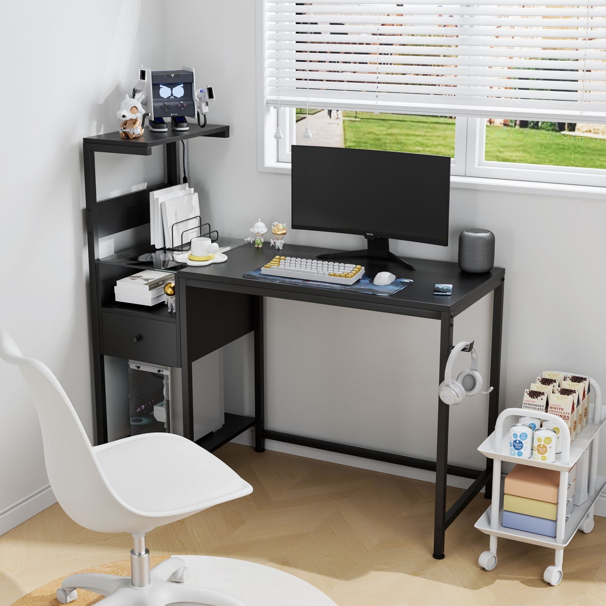 DEALTOPS Computer Desk with LED Lights, Gaming Desk with Reversible Shelves and Charging Station, Rustic Brown