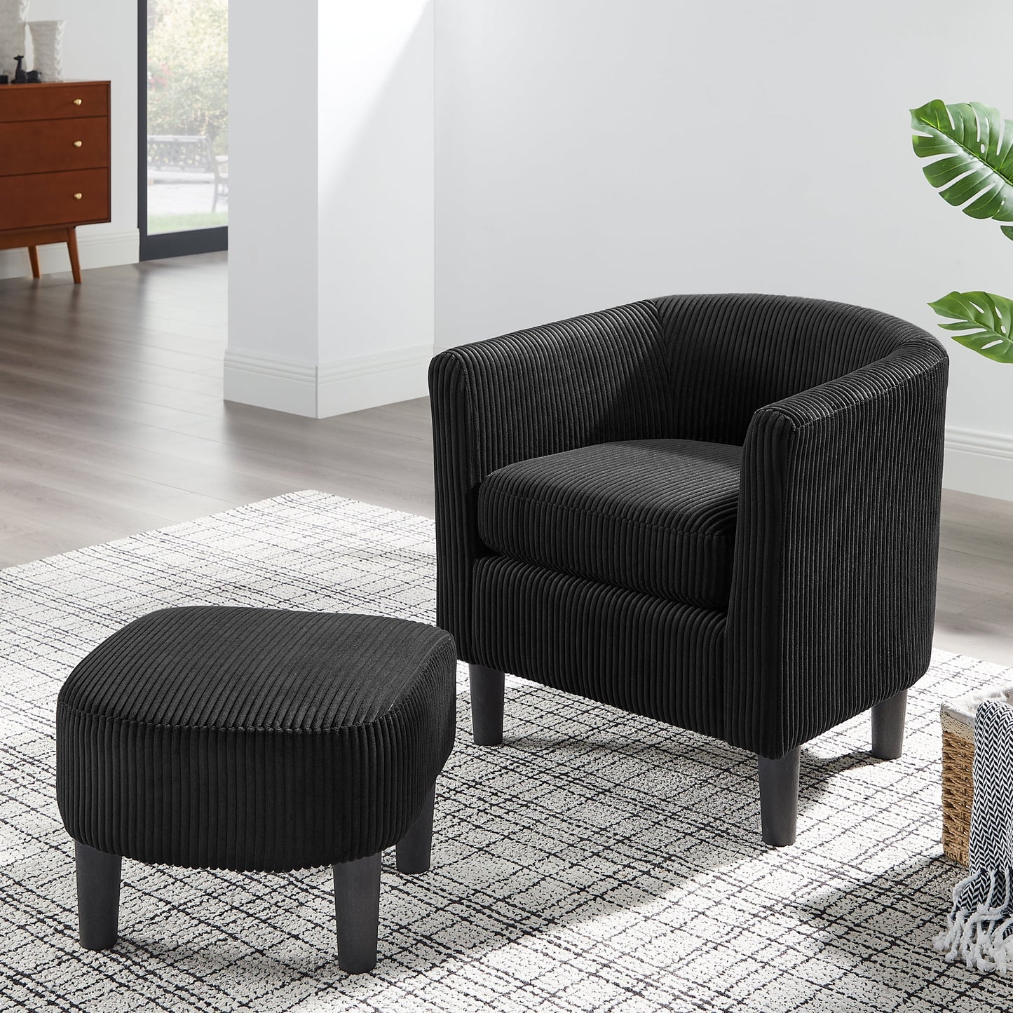 DEALTOPS Corduroy Accent Chair with Ottoman,Upholstered Arm Chair Single Sofa Chair Foot Rest Comfy Armchair for Living Room Bedroom and Office,White