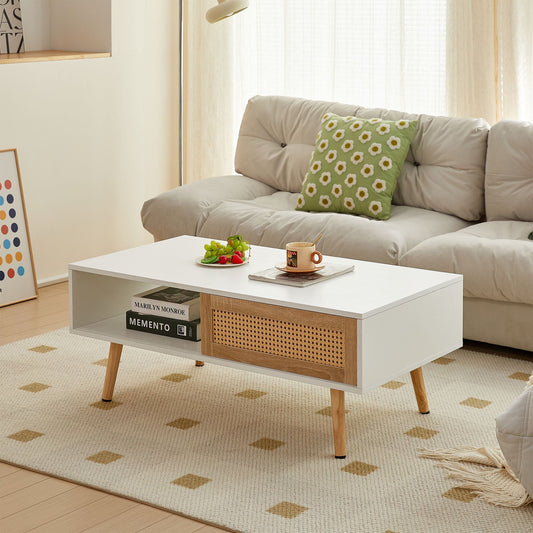 DEALTOPS Modern Coffee Table with 1 Sliding Rattan Door and Open Compartment, Stylish Coffee Table with Solid Wood Legs for Living Room - White