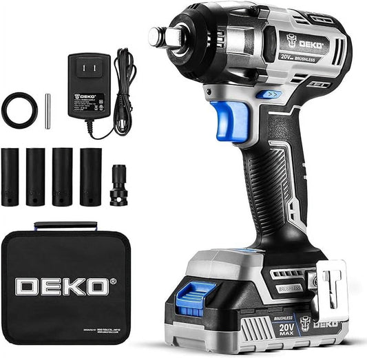 DEKOPRO 20V Cordless Impact Wrench, 1/2 Inch Chuck, 3200 RPM, 258 ft-lbs Max Torque, Li-ion Battery, Fast Charger, Tool Bag