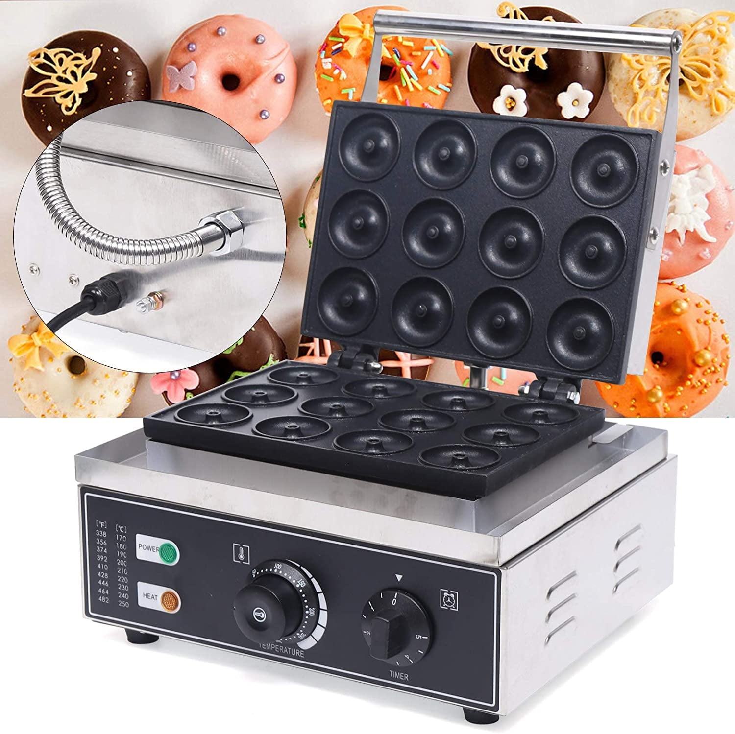 DENEST 12 Grooves Electric Commercial Donut Maker Nonstick Stainless Steel 1500W