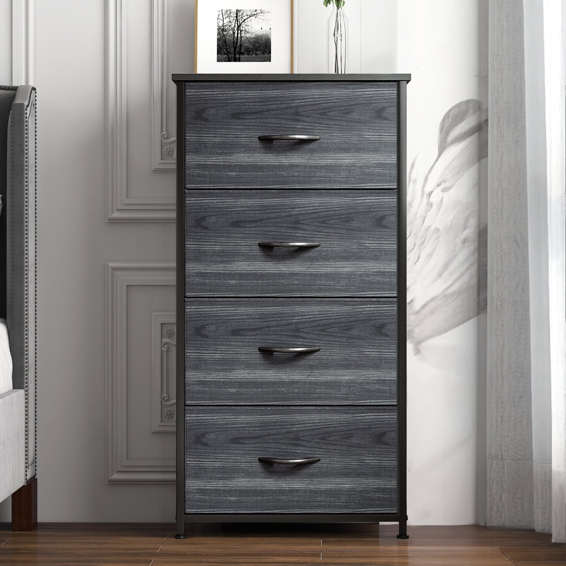 DEXTRUS 4-Drawer Bedside Dresser for Adults with Charcoal Black Finish â€“ Bedroom & Storage Organizer