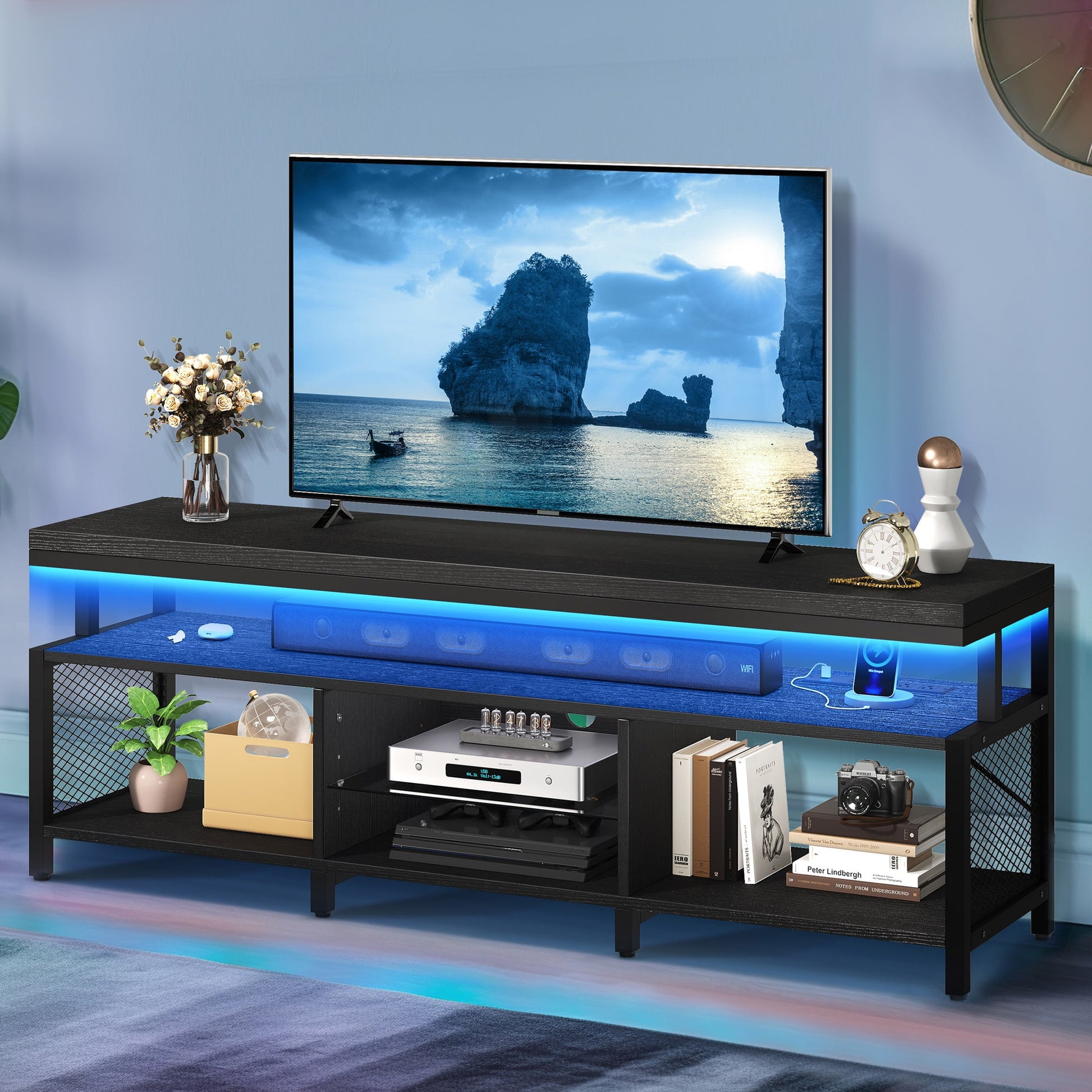 DEXTRUS LED TV Stands w/Power Outlets, Industrial TV Stand for 55/60/65/70 inch, Entertainment Center TV Cabinet for Living Room, Gray