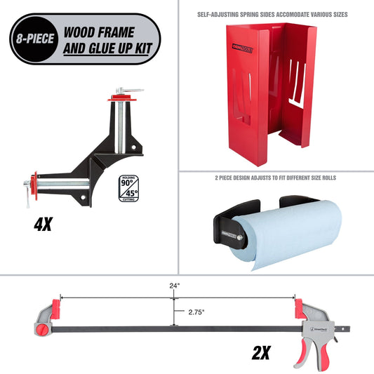 DIY Wood Frame and Glue up Kit with Glove dispenser, 90 degree Frame clamps, 24 inch Bar Clamps and Magnetic Towel Holder.