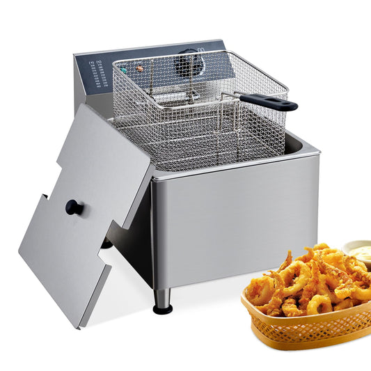 DSstyles 11 Liter Electric Fryer with Basket & Lid, 11.6QT Deep Fryer for Restaurant Home Use, Adjustable Temperature, with Extra Large Frying Basket and Lid, Stainless Steel, 110V, 1700W
