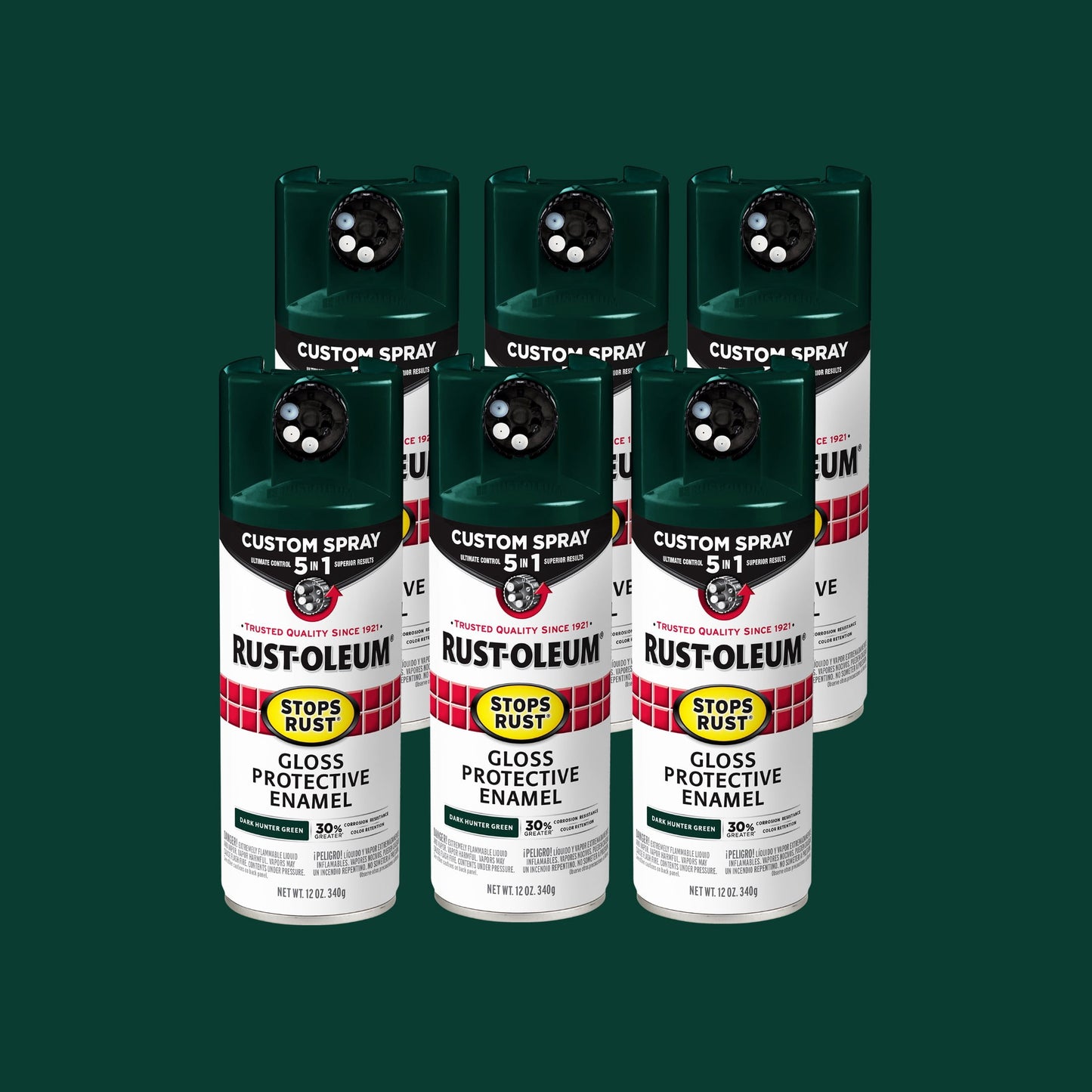 Paquete de 6, Verde Cazador Oscuro, Rust-Oleum Detiene el Ã“xido Aerosol Personalizado 5 en 1 Pintura en Aerosol Brillante-376902, 12 oz