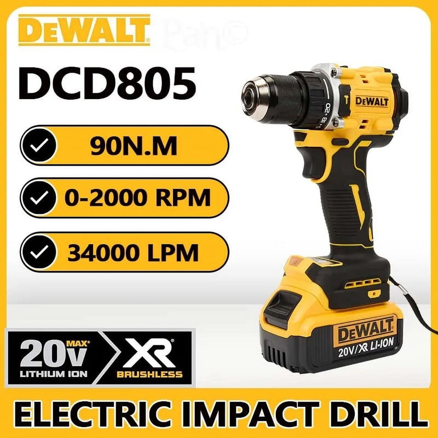 DeWalt Brushless Rechargeable Lithium Battery Impact Drill Multi-Function Drill Electric Hand Drill DCD805 (Electric drill+Battery+Charger )