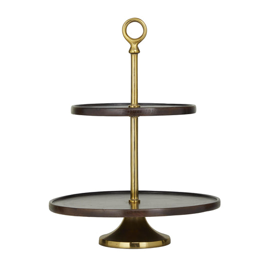 DecMode 14" x 18" Dark Brown Mango Wood 2 Tiered Server with Gold Stand, 1-Piece