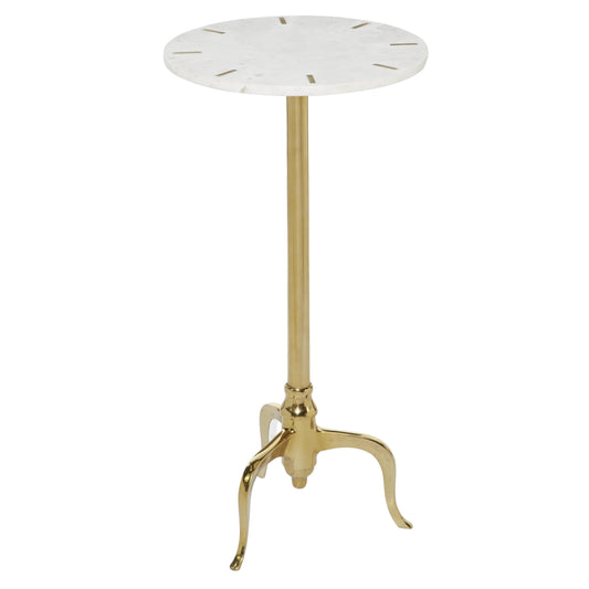 DecMode 15" x 27" White Marble Slim Tripod Accent Table with Gold Inlay and Scrolled Base, 1-Piece