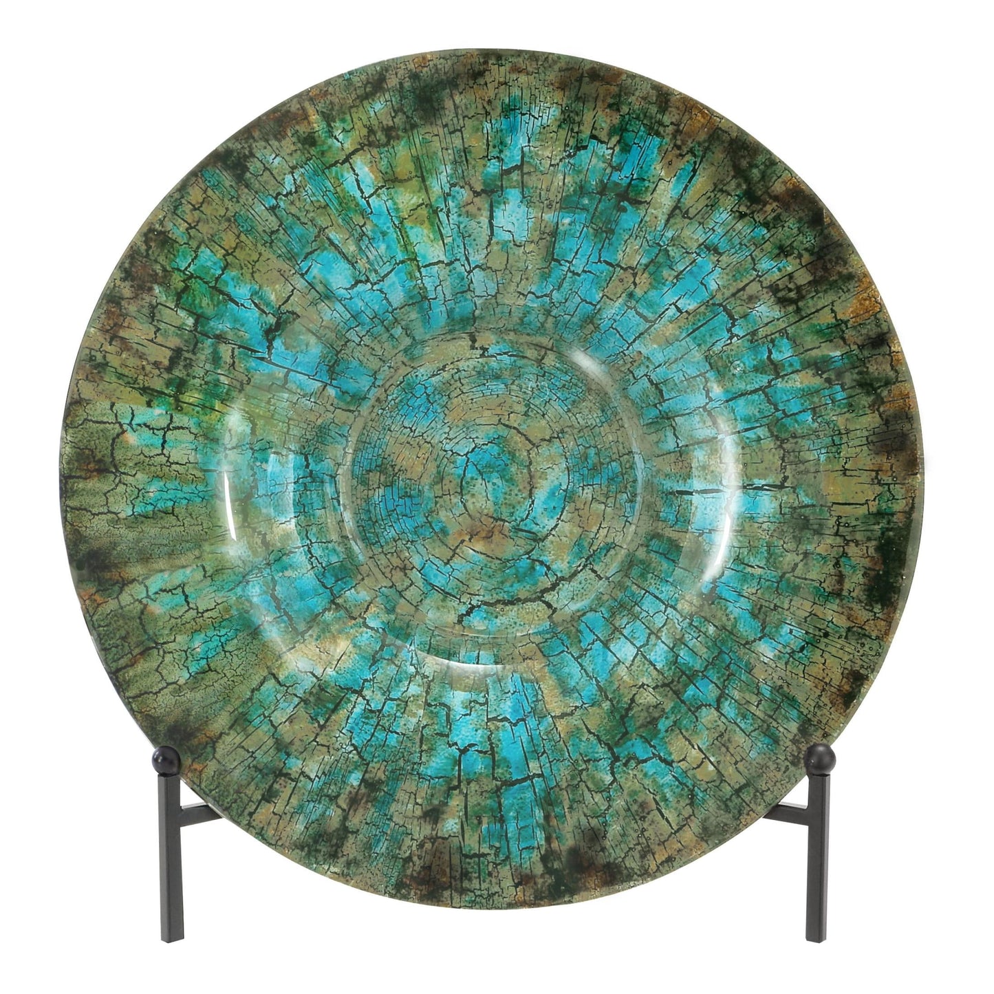 DecMode 18" Round Abstract Handmade Textured Plate Green Glass Charger with Black Display Stand