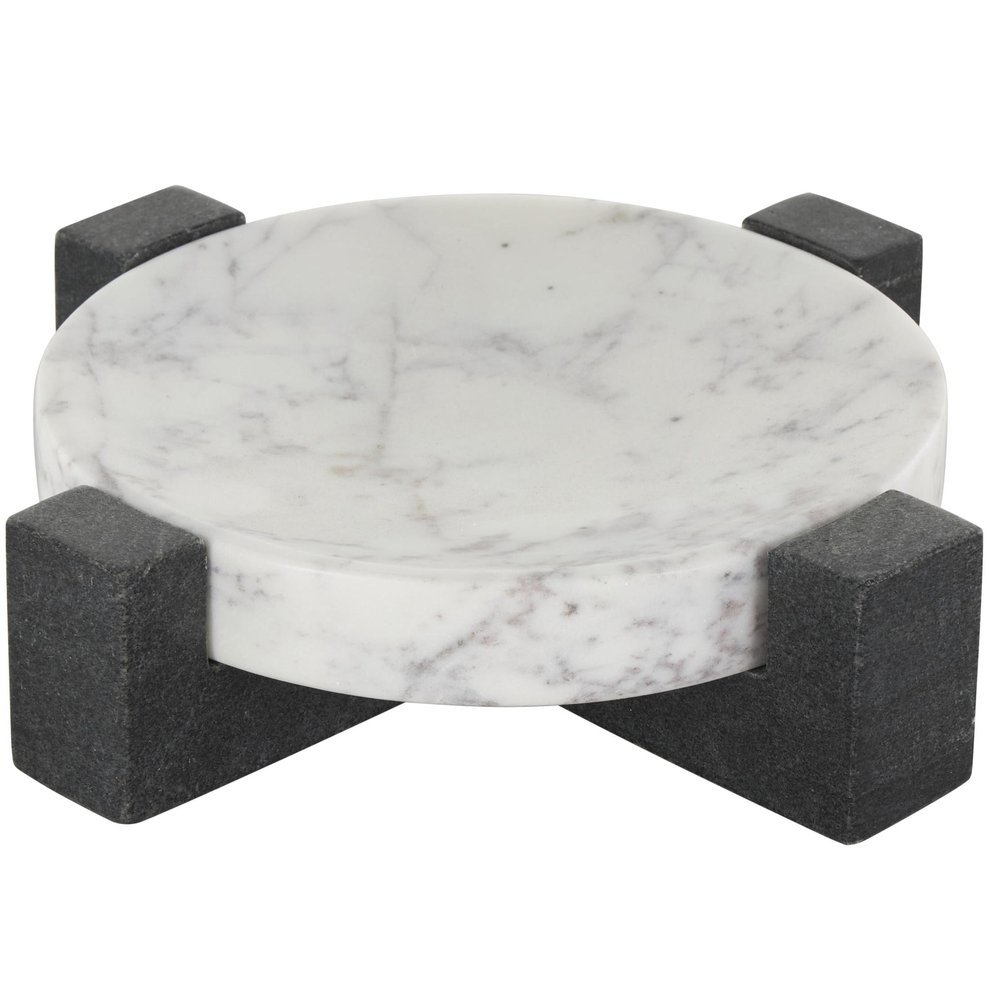 DecMode 8" x 8" White Marble Round Geometric Tray with Black X-Shaped Base, 1-Piece