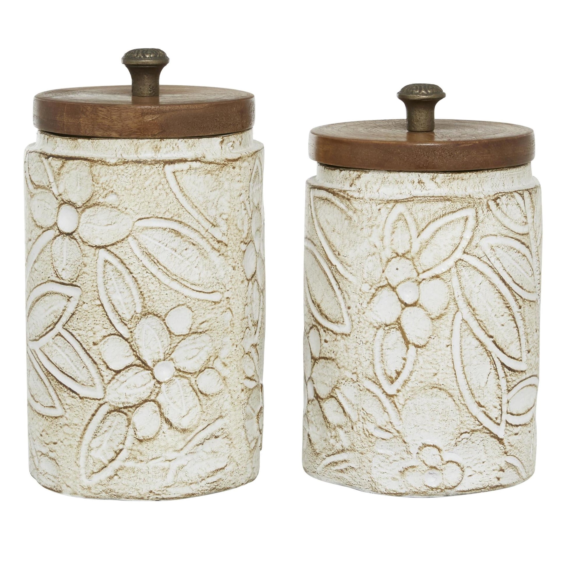 DecMode 9", 11"H White Ceramic Floral Handmade Intricately Carved Decorative Jars with Wood Lids, 2-Pieces