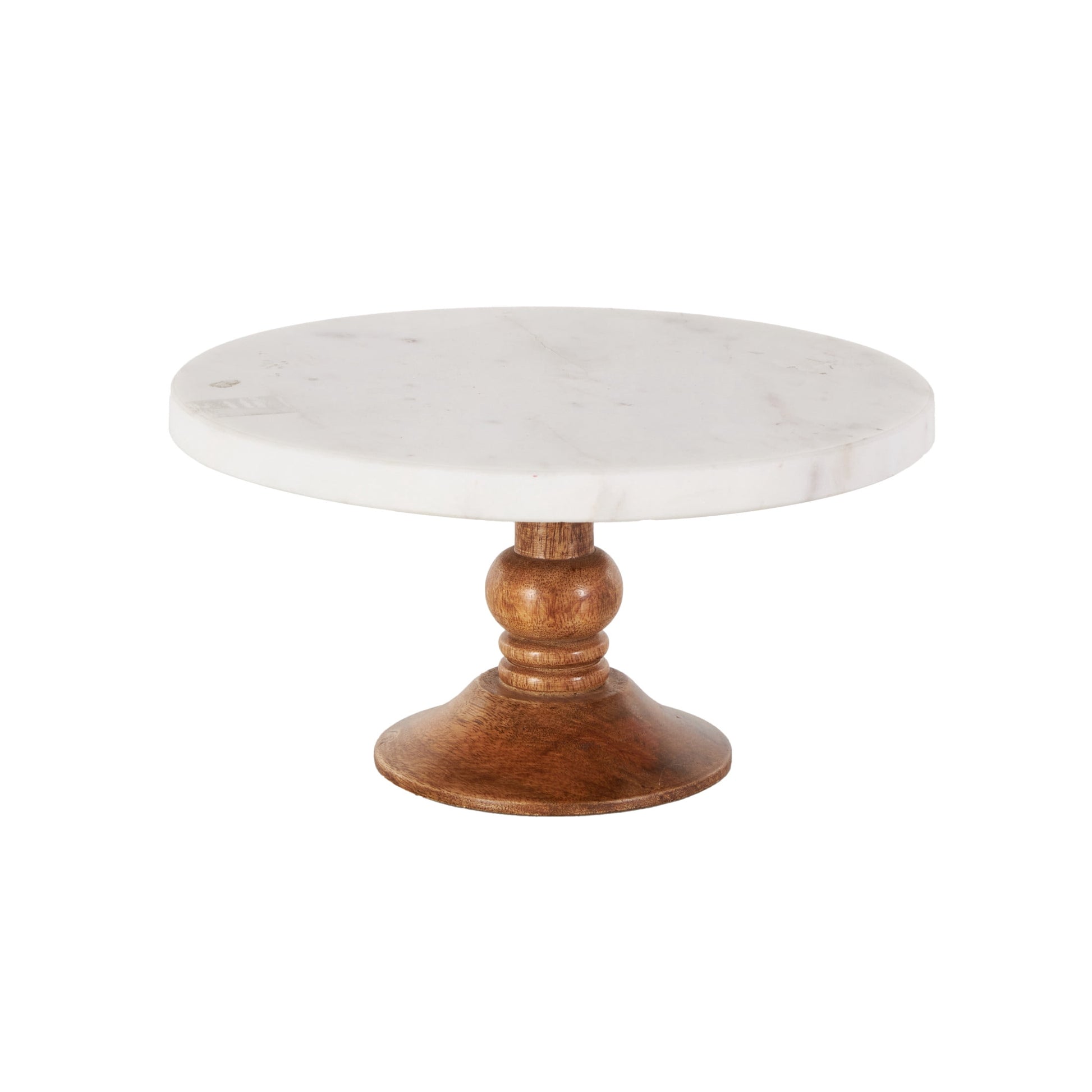DecMode Modern Round Marble Cake Stand with Carved Wood Base and White Top Finish, 10"W x 5"H