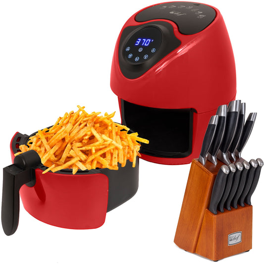 Deco Chef 3.7 Quart Electric Oil-Free Digital Air Fryer, Red with Deco Chef Gourmet 12 Pieces Stainless Steel Knife Set with Storage Block