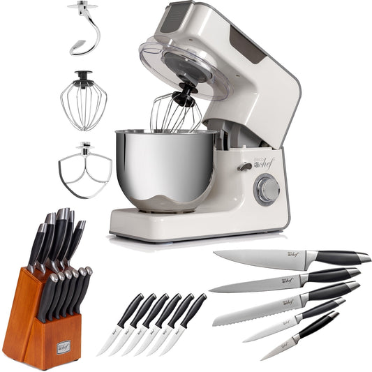 Deco Chef 5.5 QT Kitchen Stand Mixer, 550W 8-Speed Motor, includes 3 Mixing Attachments + Bonus Deco Chef Gourmet 12 Piece Stainless Steel Knife Set with Storage Block - Full Tang Design