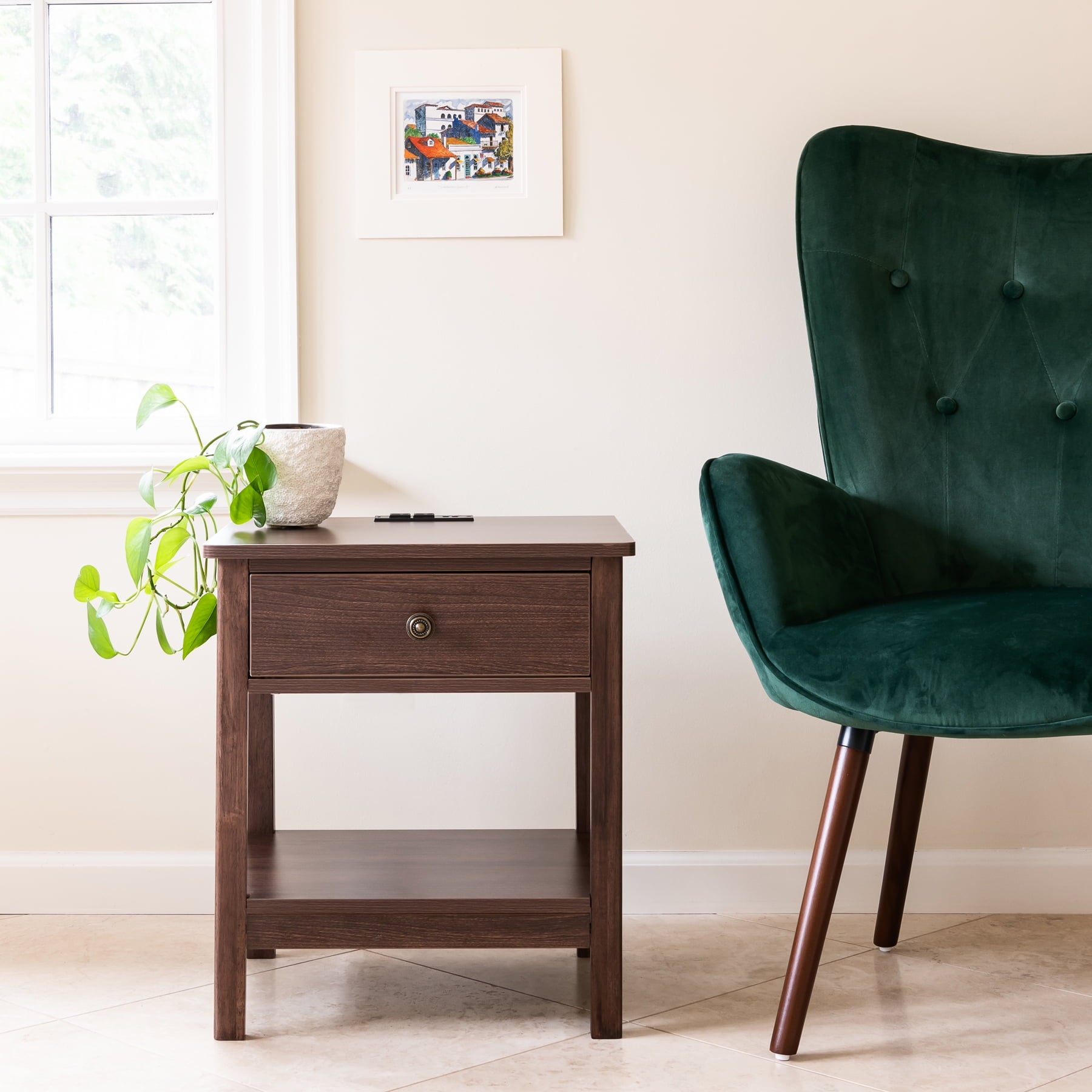 DecorTech Traditional Rectangular End Table with AC Power and USB Charging Ports, Walnut