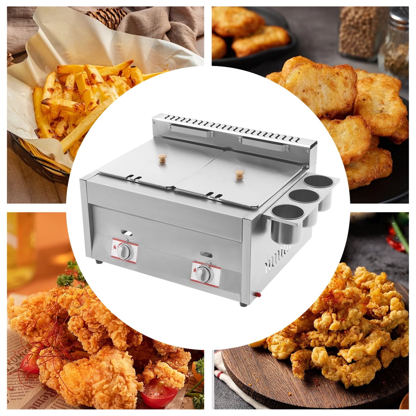 Deep Fryer with Basket and Lid Adjustable Commercial Deep Fryer Counter-top Commercial Dual Tank Kitchen Fat Fryer