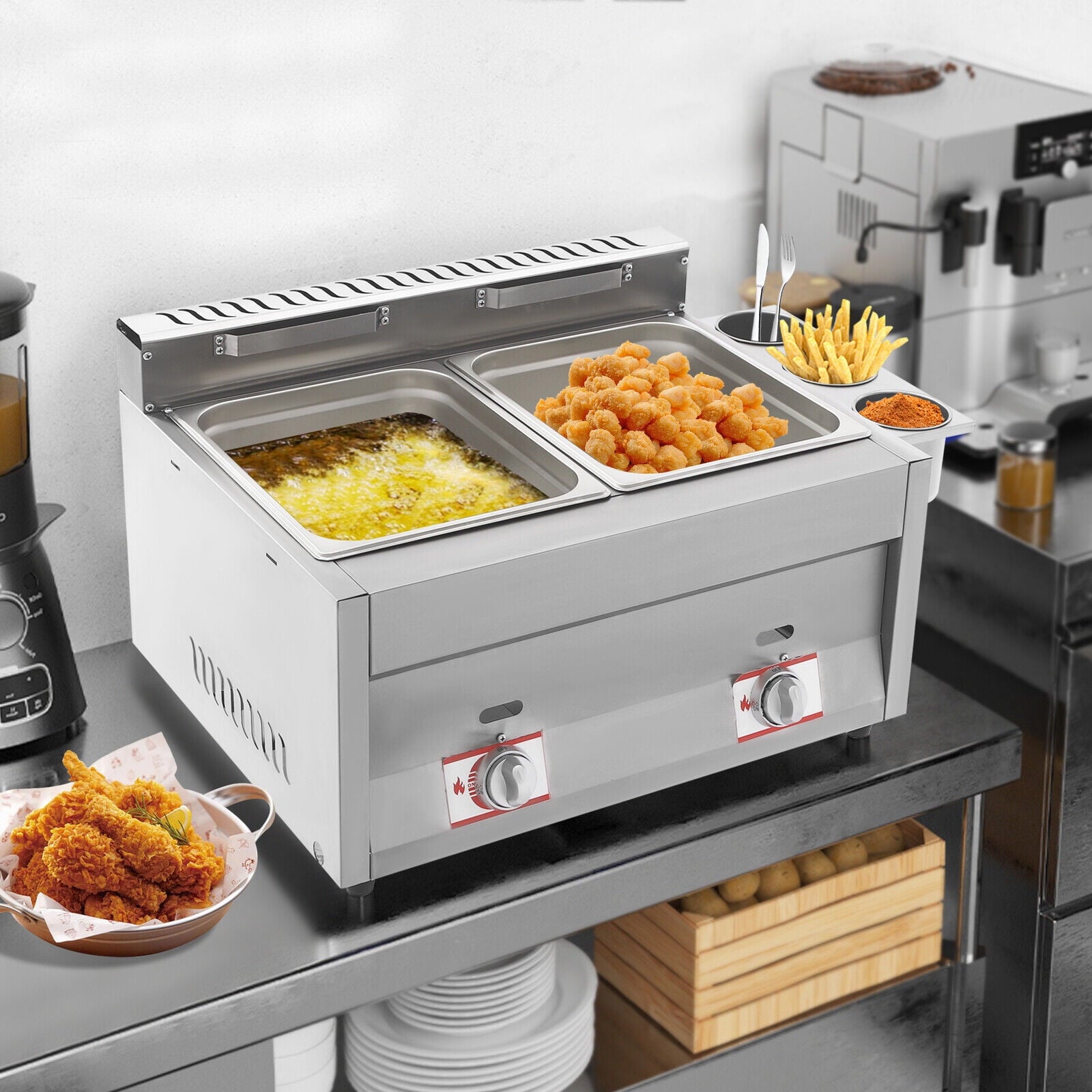 Deep Fryer with Basket and Lid, Commercial Deep Fryer, Countertop Commercial Dual Tank Kitchen Fat Fryer