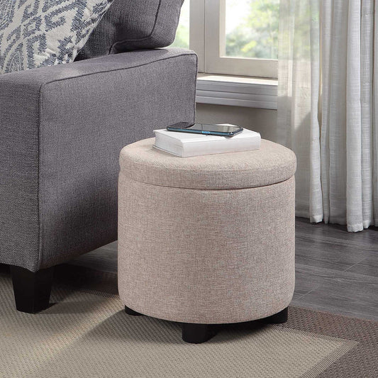Designs4Comfort Round Accent Storage Ottoman with Reversible Tray Lid, Tan Fabric