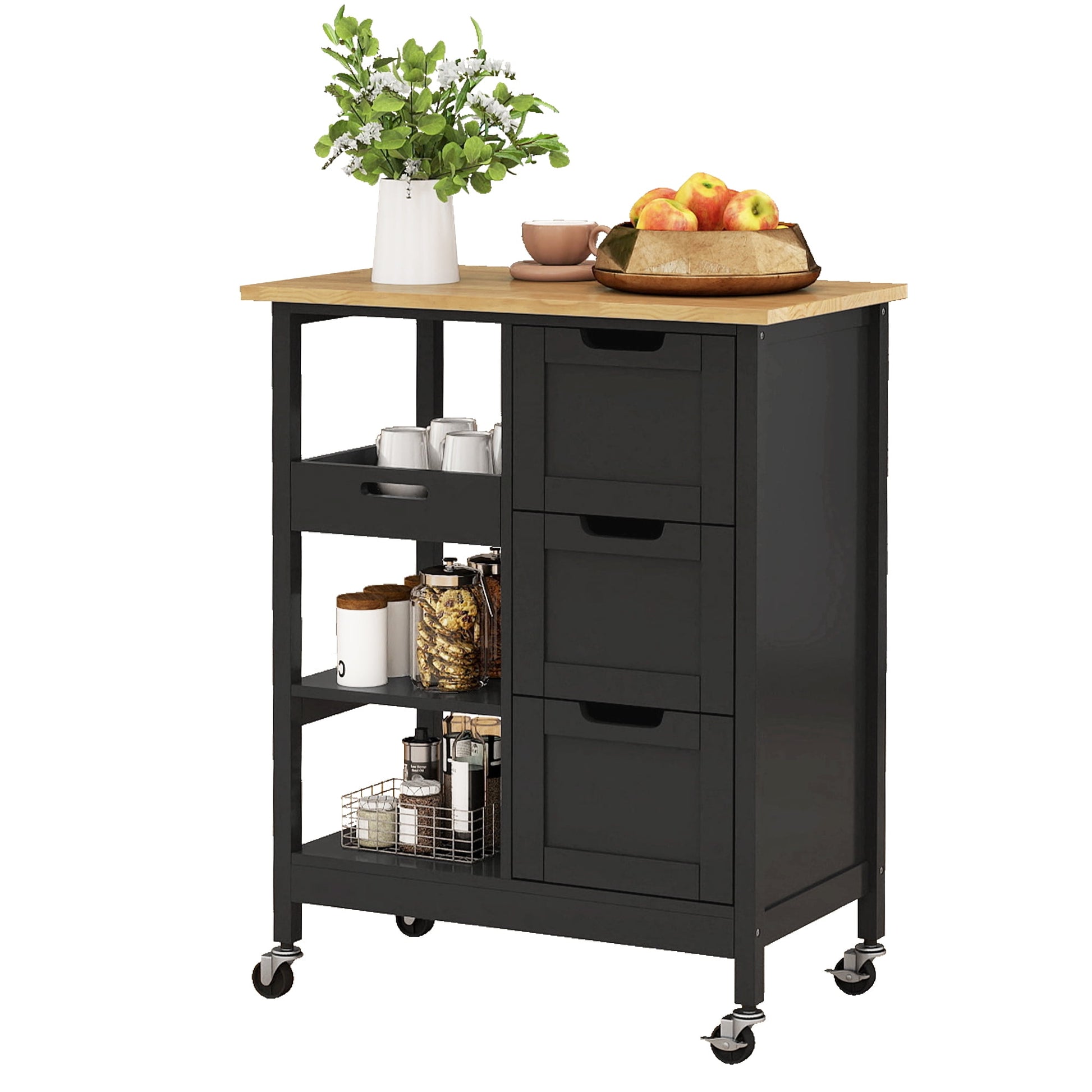 Dextrus 3 Tier Kitchen Island Cart on Wheels, 26" Kitchen Storage Cart with Shelves & Drawers, Black