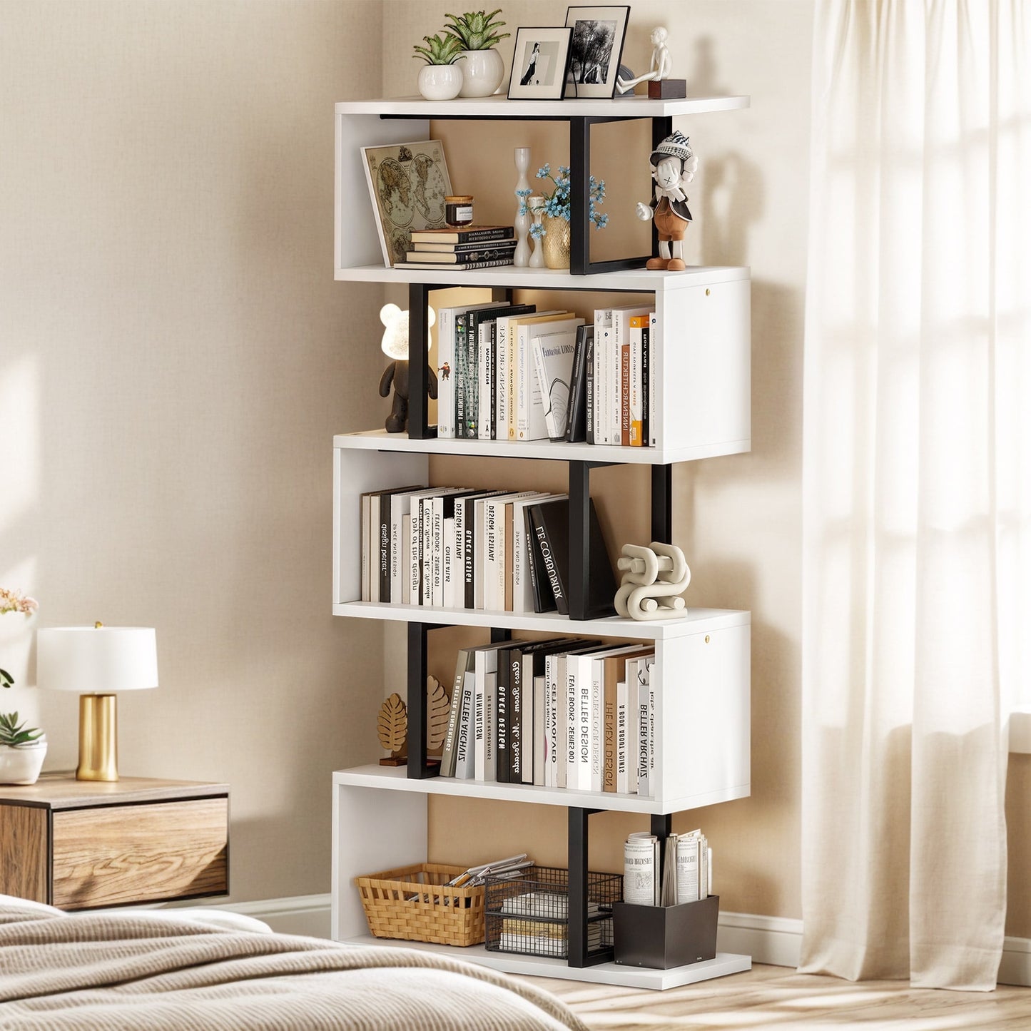 Dextrus 6-Tier S-Shaped Bookshelf , Geometric Tall Bookcase Wooden, Open Display Storage Rack Shelves Freestanding Z-Shelf Open Shelf for Living Room Home Office, White