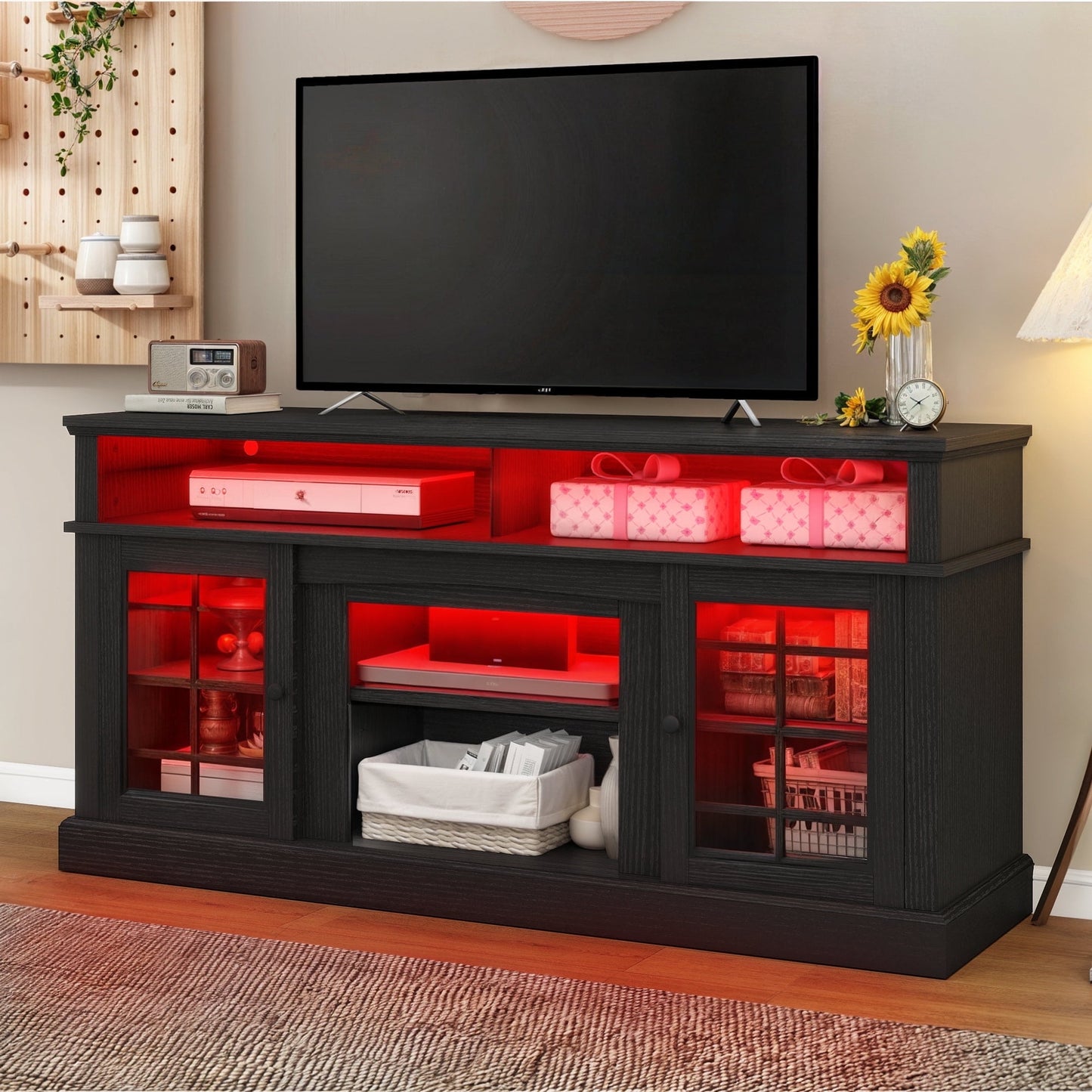 Dextrus Farmhouse LED TV Stand for TVs up to 70", Wood Media Console, Glass Door