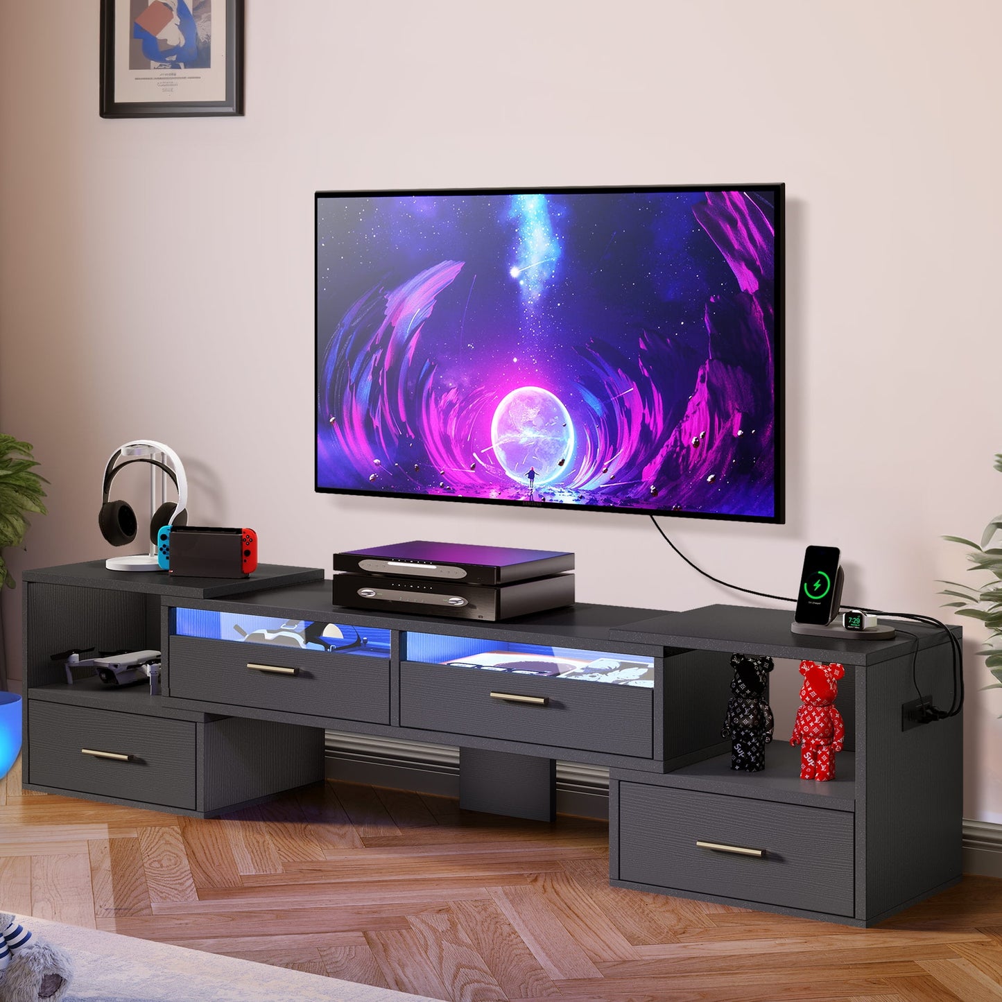 Dextrus LED Gaming Entertainment Center w/Power Outlets, Large TV stand for 70 inch TVs, Deformable Media Console Cabinet, White