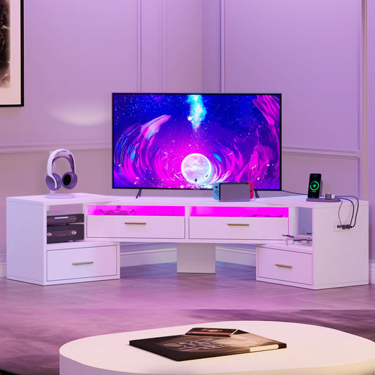 Dextrus LED Gaming Entertainment Center w/Power Outlets, Large TV stand for 70 inch TVs, Deformable Media Console Cabinet, White
