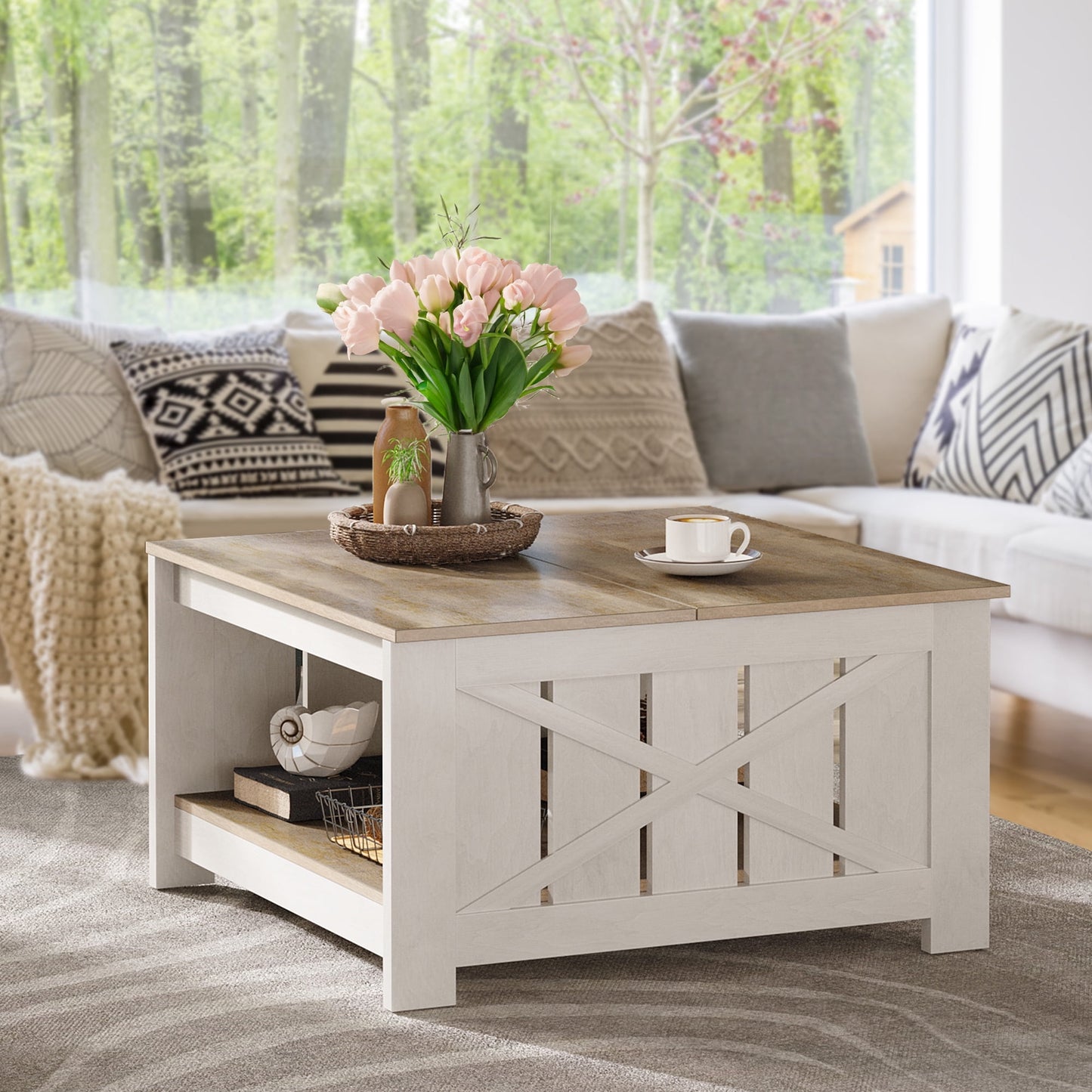 Dextrus Square Coffee Table, Farmhouse Coffee Table with Half Open Storage Compartment, Gray Wash