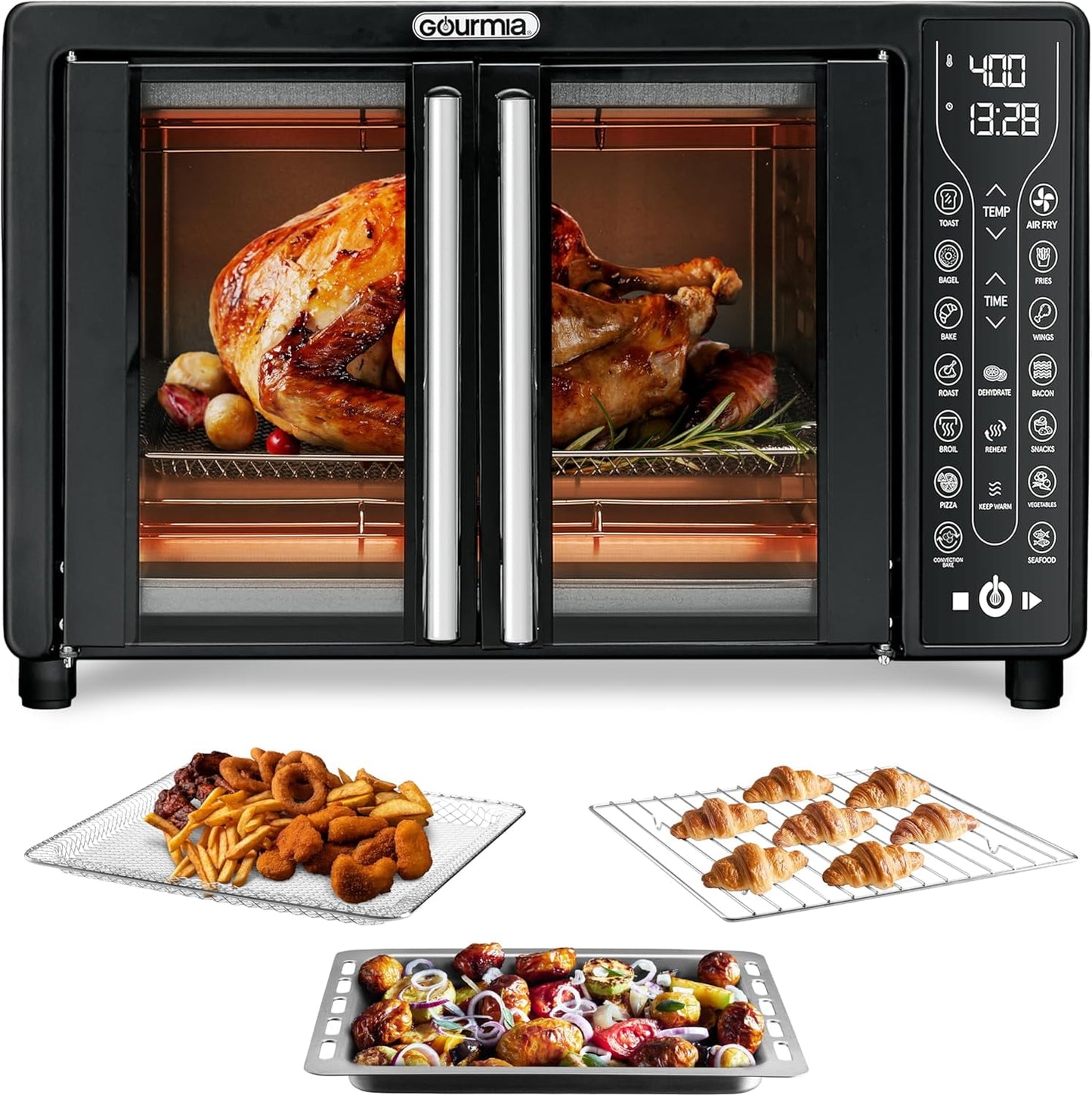 Digital Air Fryer Oven Combo with 17 Cooking Presets, 1700W French Door Design, Large 24L Capacity, Includes Convection Rack, Baking Pan & Recipe Book, Black
