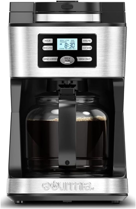 Digital Coffee Machine 12Cup FullyAutomatic Large coffee maker integrated CoffeeGrinder,Pot,stainless steel mesh coffee filter 4Hr KeepWarm and Freshness Indicator GCM3180