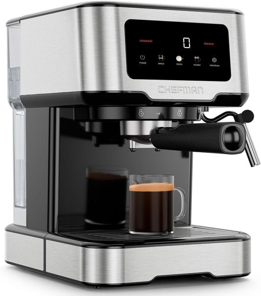 Digital Espresso Machine with Steam Wand, 15 Bar Pressure Pump for Lattes & Cappuccinos, Compact Coffee Maker with 1.5L Removable Water Tank - Stainless Steel Design