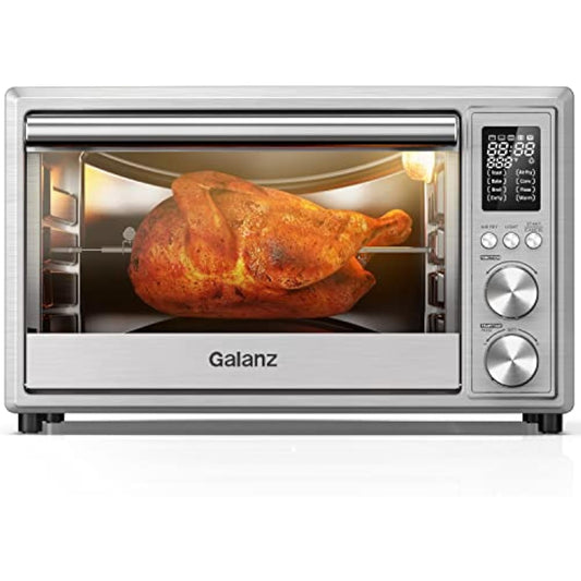 Digital Fry & Rotisserie Combo 8-in-1 Air Fryer Toaster, Convection Oven with Pizza & Dehydrate, 4 Accessories Included, 1800W, 26 Quart Large, Stainless Steel, 30L, 2 knobs