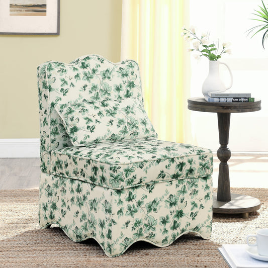 Dining Chair,Mid-Century Accent Chair,Flannel Chair with Soft Seat Cushion and Pillow,Armless Chair for Dining Room Living Room,Green