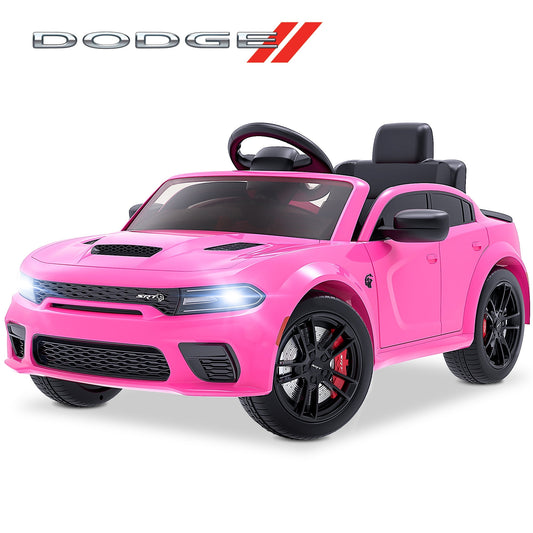 Dodge Electric Ride on Cars for Kids, 12V Licensed Dodge Charger Srt Hellcat Powered Ride on Toys with Parent Remote Control, Electric Car for Girls 3-5 w/Music Player/LED Lights/Safety Belt, Pink