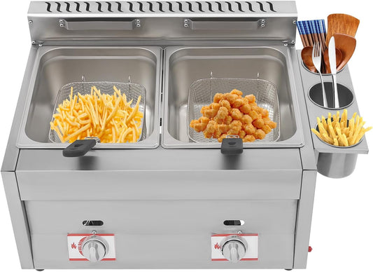 Double Deep Fryer with Basket, Stainless Steel, Gas Powered, Countertop, Lid, 2x6.34 qt Tank, Adjustable Firepower for Restaurant