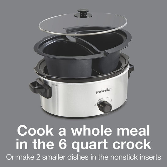 Double Dish Slow Cooker with 6qt Crock and 2.5qt Nonstick Inserts, Dishwasher Safe, Silver