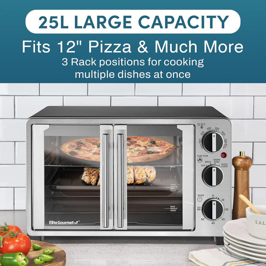 Double French Door Countertop Toaster Oven, 25L Capacity, Bake, Broil, Toast,  Warm, Stainless Steel & Black