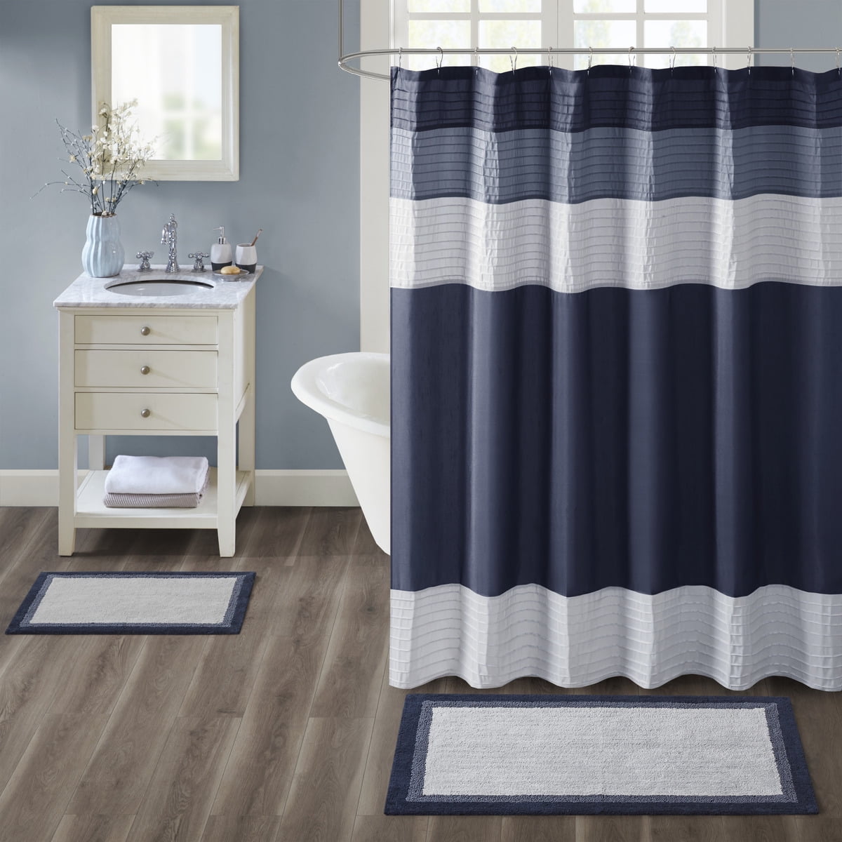 MAYEERTY 100% Medium Pile Cotton Tufted Bath Rug, Navy, 24"W x 60"L