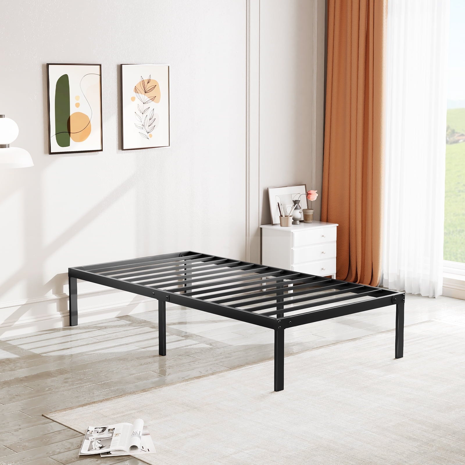 MAYEERTY 14" Twin Metal Bed Frame - Heavy Duty, Underbed Storage, No Box Spring, Black