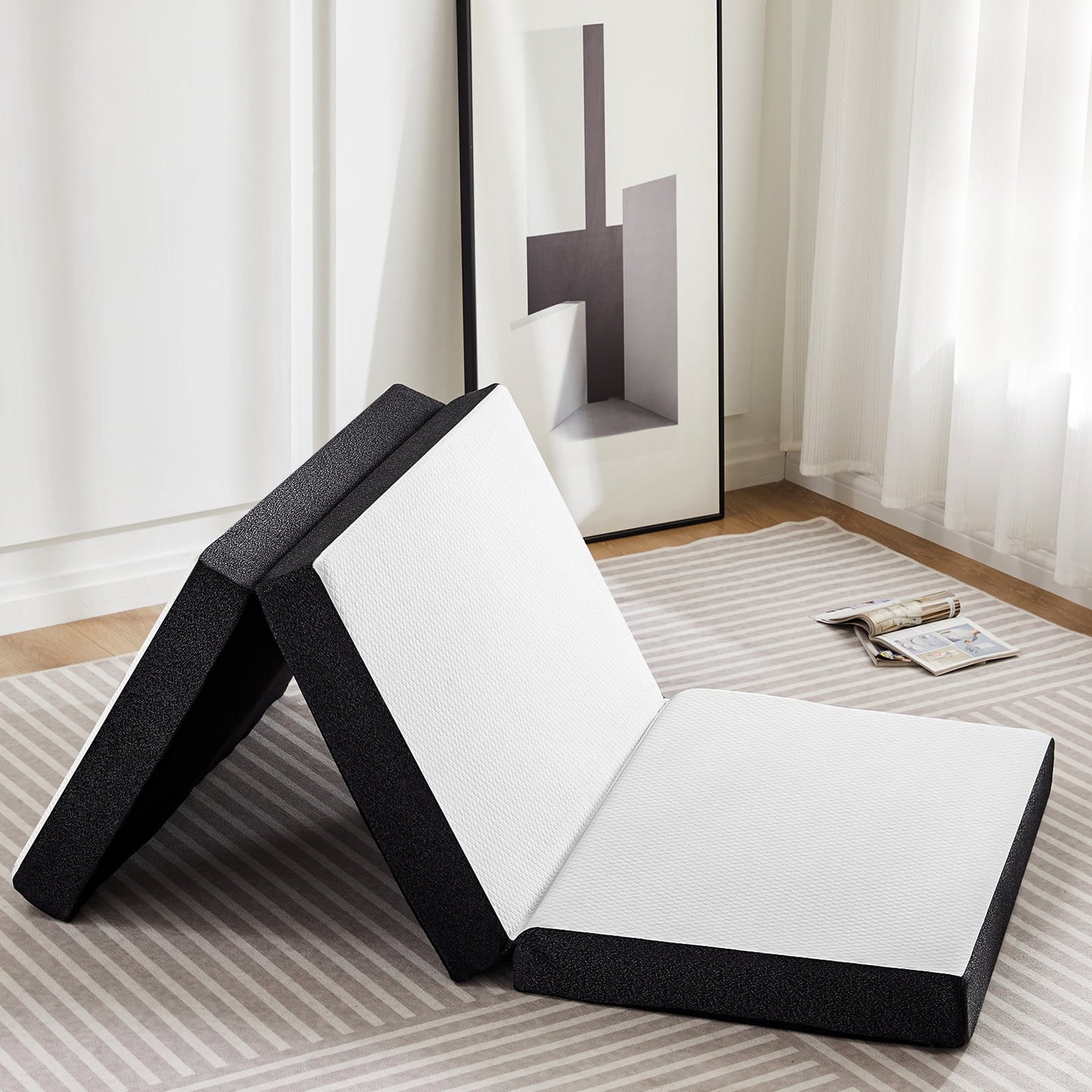 MAYEERTY 3" Portable Tri-Fold Memory Foam Mattress Non-Slip Floor Bed for Camping & Guest, Queen