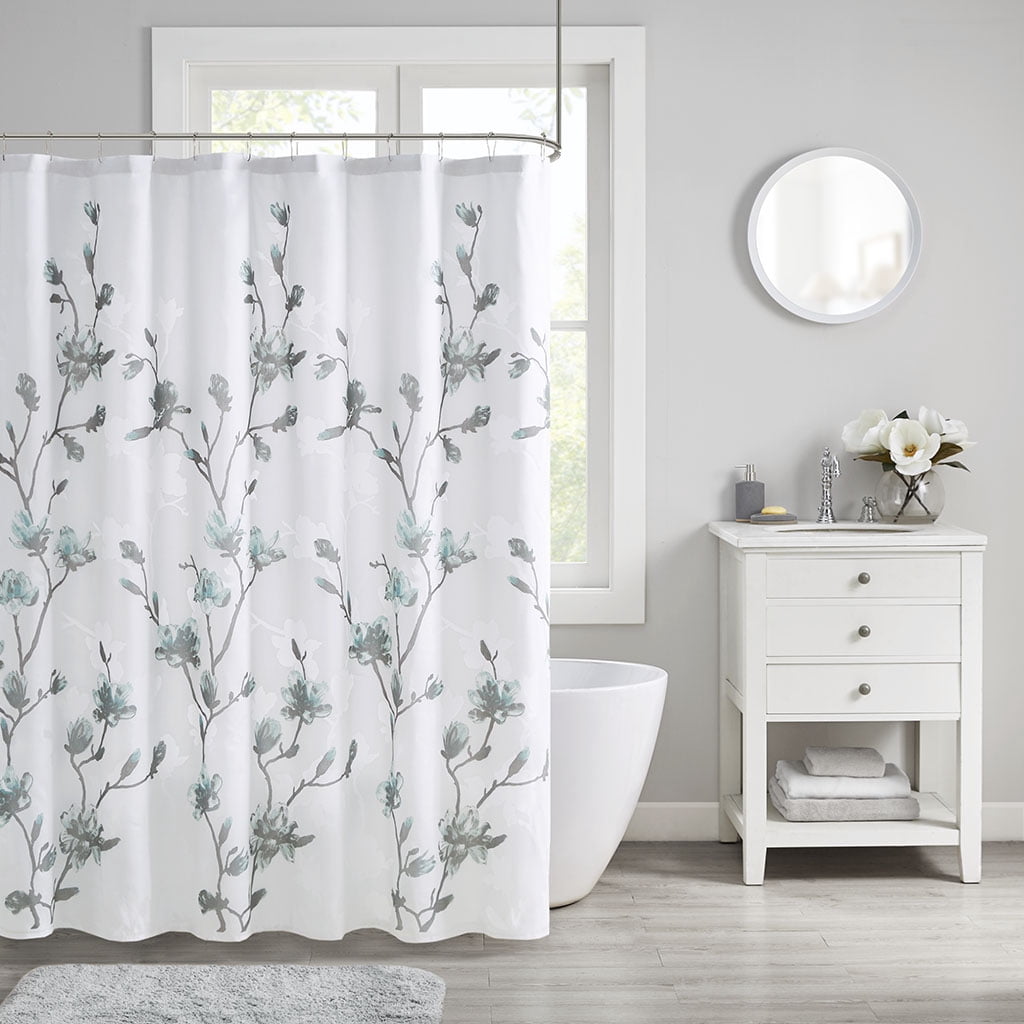MAYEERTY Burnout Printed Shower Curtain, Aqua Floral Bathroom Shower Curtains