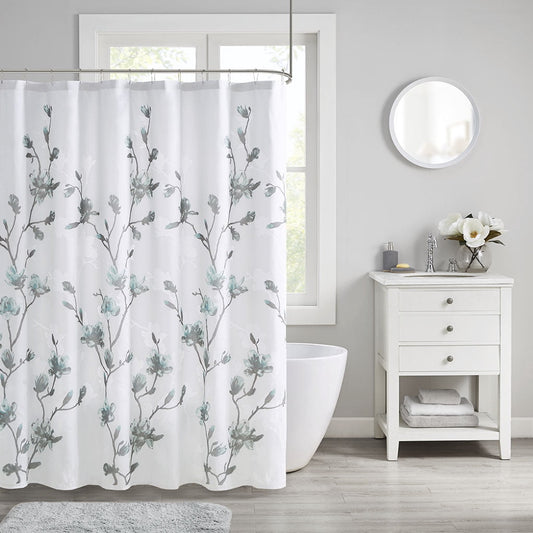MAYEERTY Burnout Printed Shower Curtain, Aqua Floral Bathroom Shower Curtains
