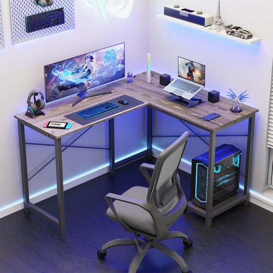 MAYEERTY L Shaped Computer Desk with Wooden Desktop CPU Stand Side Bag , Gray