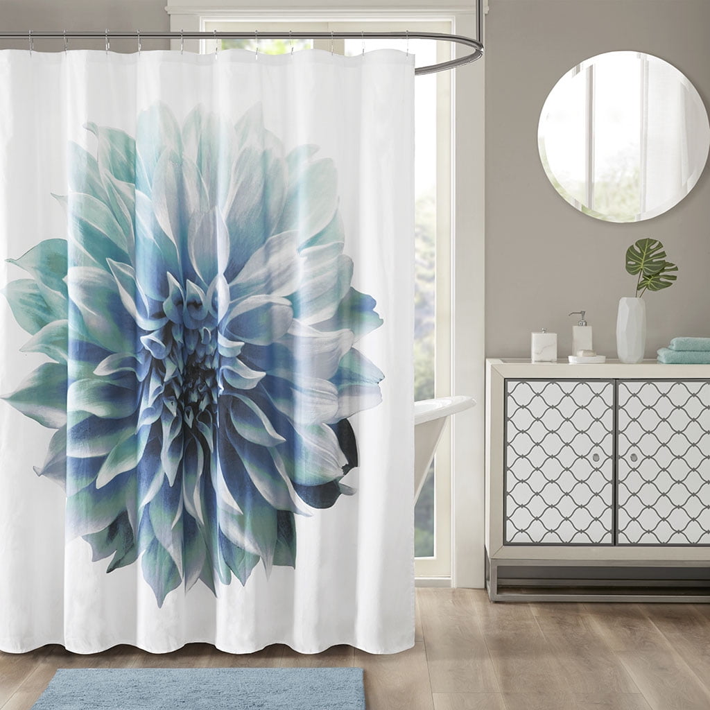 MAYEERTY Printed Floral 100% Cotton Shower Curtain, 72" x 72", Machine-Washable, Aqua